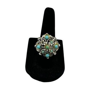 Vintage Silver-Tone Turquoise Statement Ring Adjustable Boho Artisan Estate